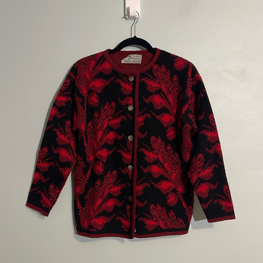 Vintage Wagner Virgin Wool Cardigan Sweater Floral Print Womens SEE MEASUREMENTS